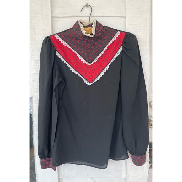 Vintage 1970s High Collar Prairie Blouse Black Red Size Small - Picture 10 of 12